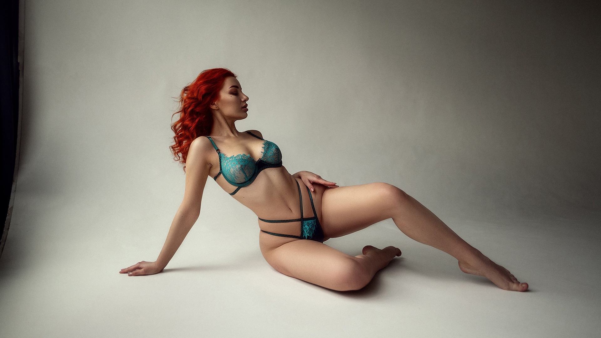 Sexy curves redhead in green lace lingerie on the floor showing her fine body erotic hd wallpaper 1920x1080 nude models and pornstars wallpapers